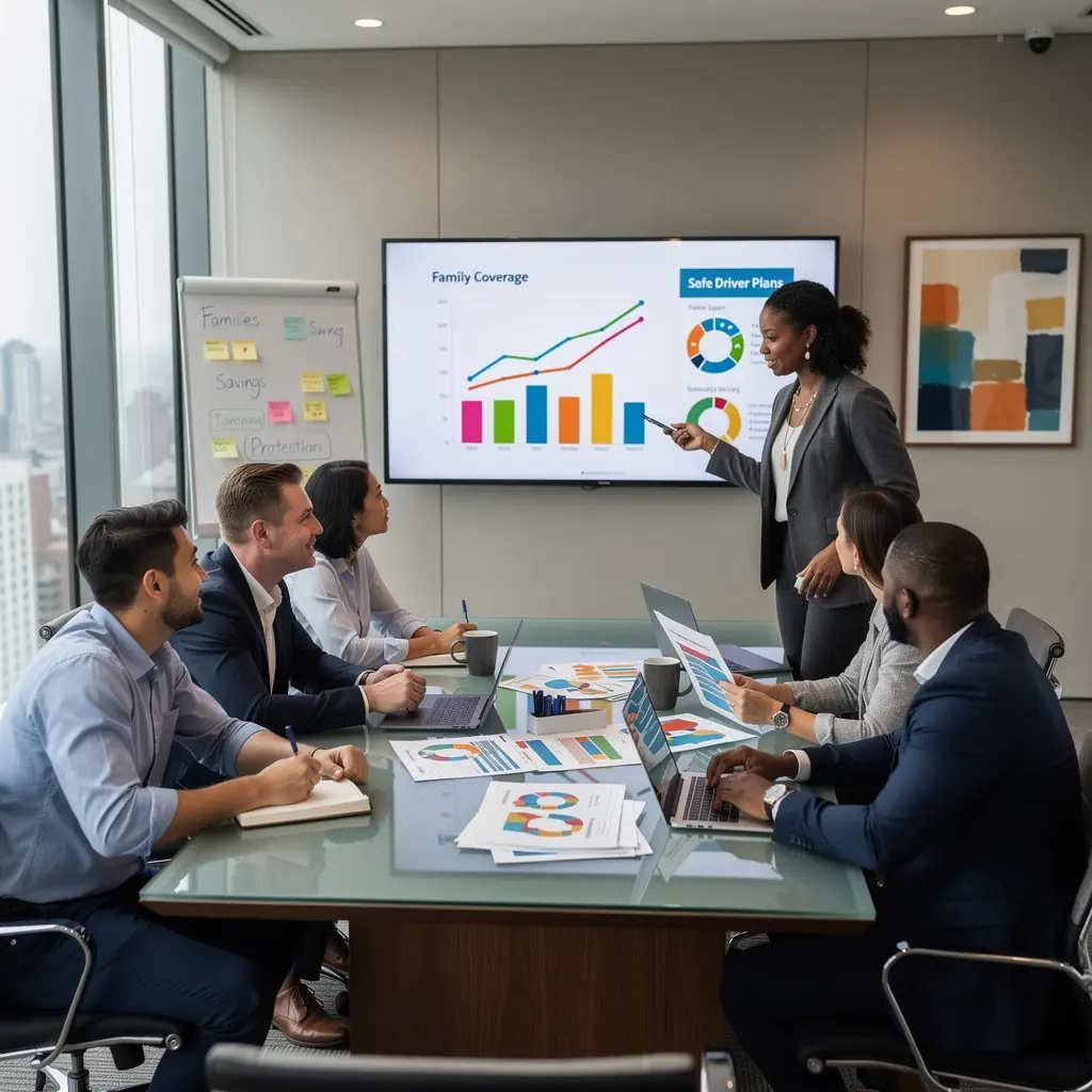 Plakat promujący ubezpieczenia samochodowe z hasłem o zniżkach dla kierowców dbających o bezpieczeństwo.